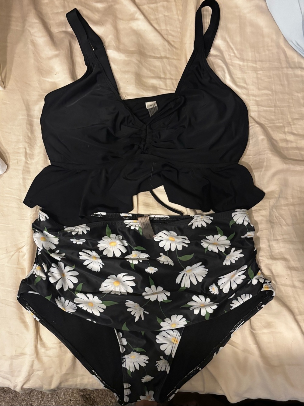 Black Tankini Top and Black Daisy High-Waist Swim Bottoms